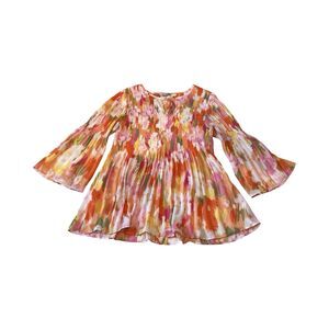 Floral and Ivy Blouse Boho Womens L Floral Flowy Bell Sleeve Smocked Fairy 70s